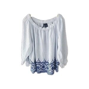 New Directions Embroidered off Shoulder LSlv Boho Blouse White Blue Stripes PXL